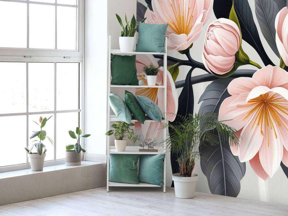 Fleurs de magnolia roses avec des feuilles foncées
