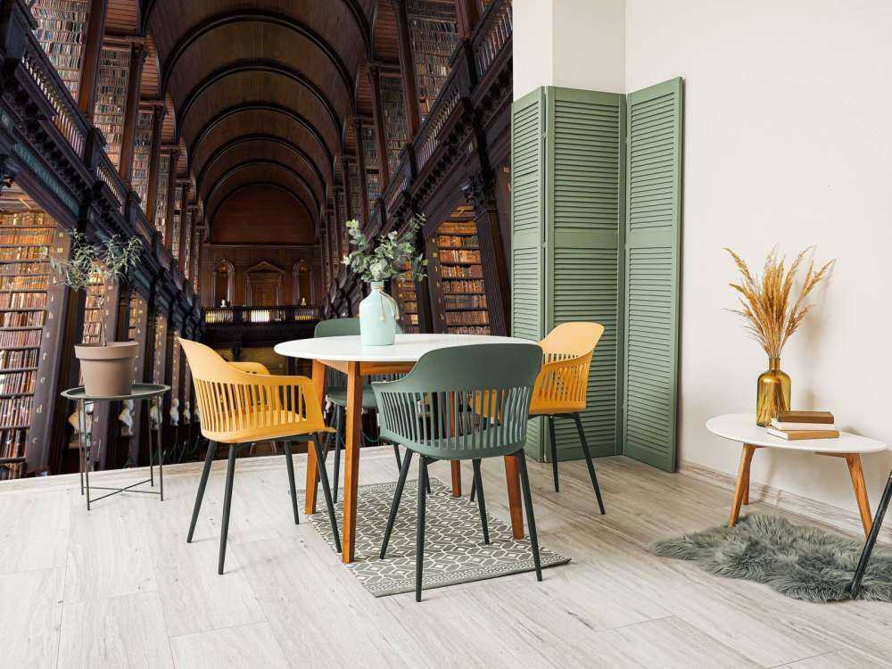 Salle de livres classiques avec des arcs