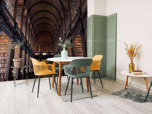 Salle de livres classiques avec des arcs