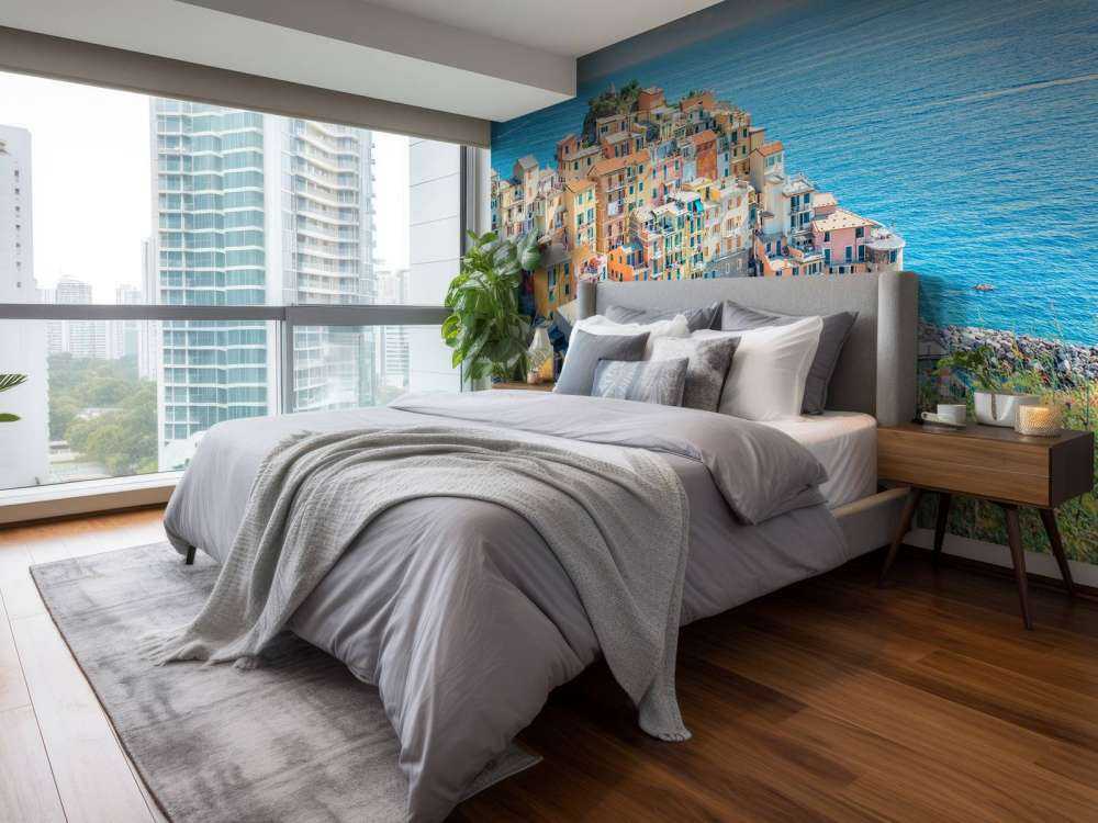 Côte pastel sous un ciel azur.