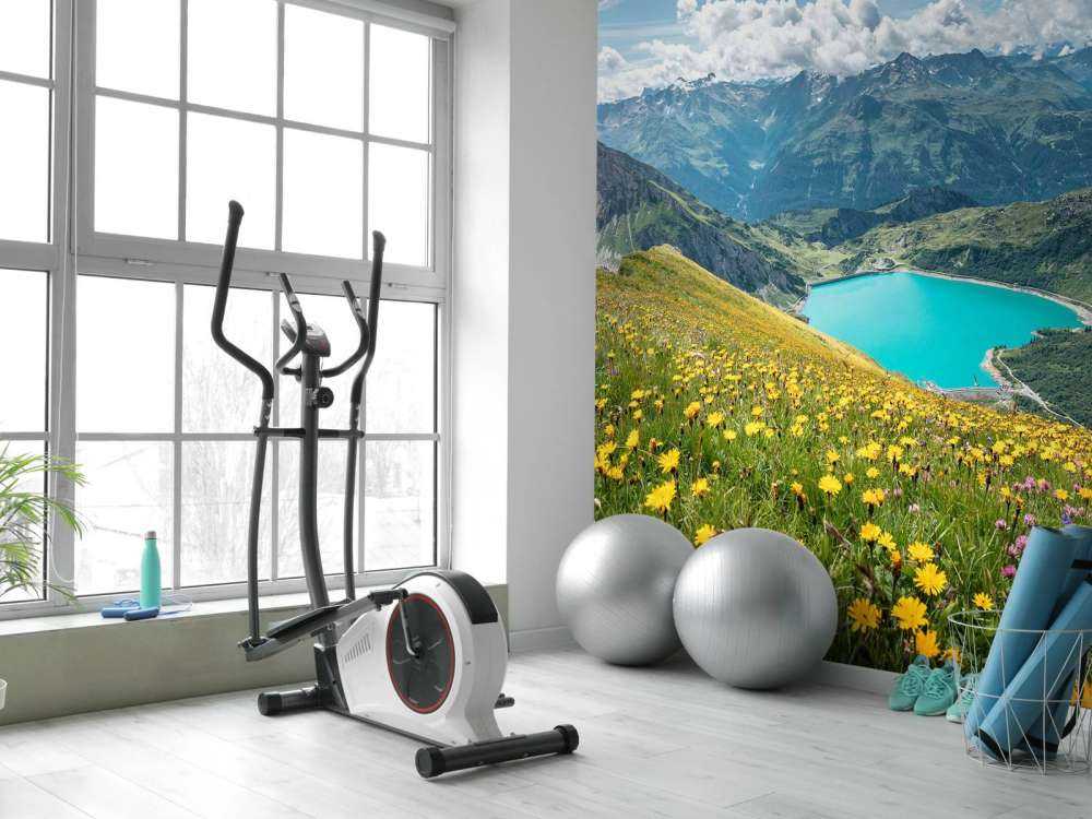 Champ de fleurs au-dessus d'un lac de montagne turquoise