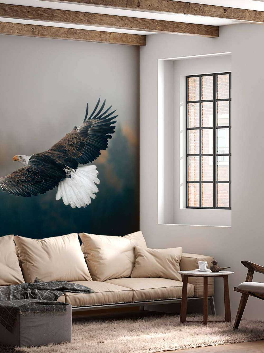 Pygargue à tête blanche au-dessus de la forêt