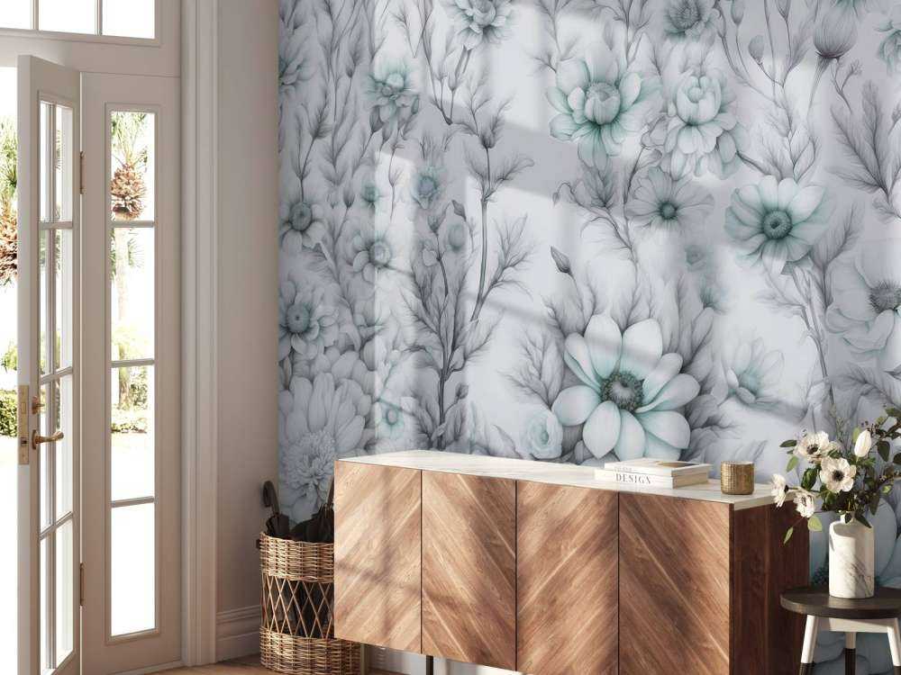 Mur floral romantique - bleu