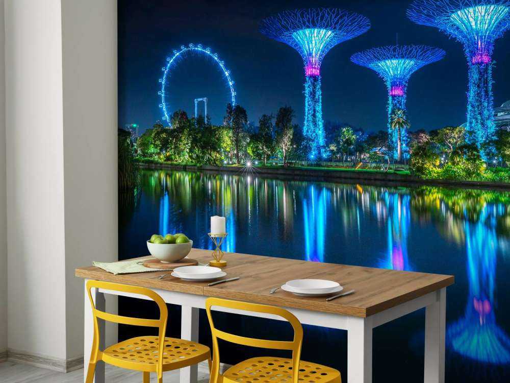 Arbres lumineux futuristes au bord de l'eau.