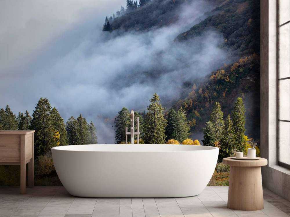 Matin d'automne dans la forêt de montagne brumeuse