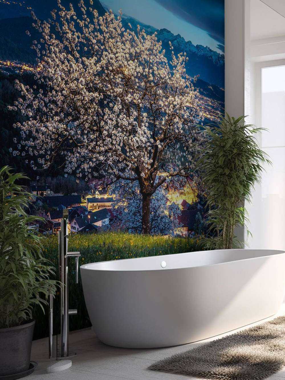 Arbre en fleurs sous la lumière nocturne