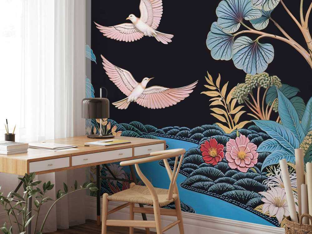 Paysage tropical avec des oiseaux blancs