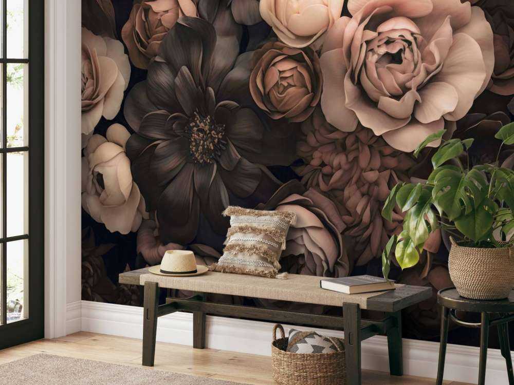 Fleurs baroques opulentes, art botanique sombre, blush et brun