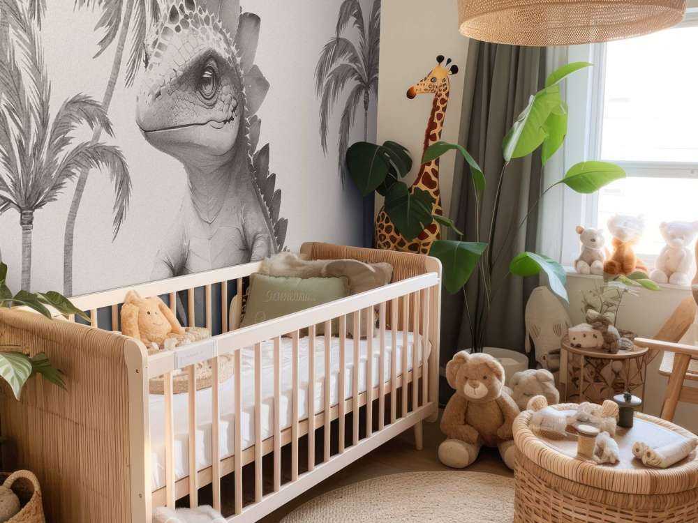 Bébé stégosaure dans la jungle beige