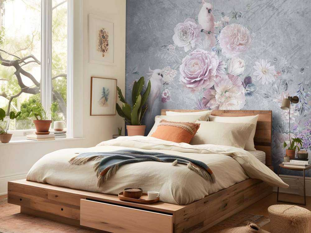 Cacatoès romantique et couronne de fleurs