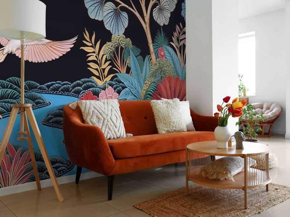 Paysage tropical avec des oiseaux blancs