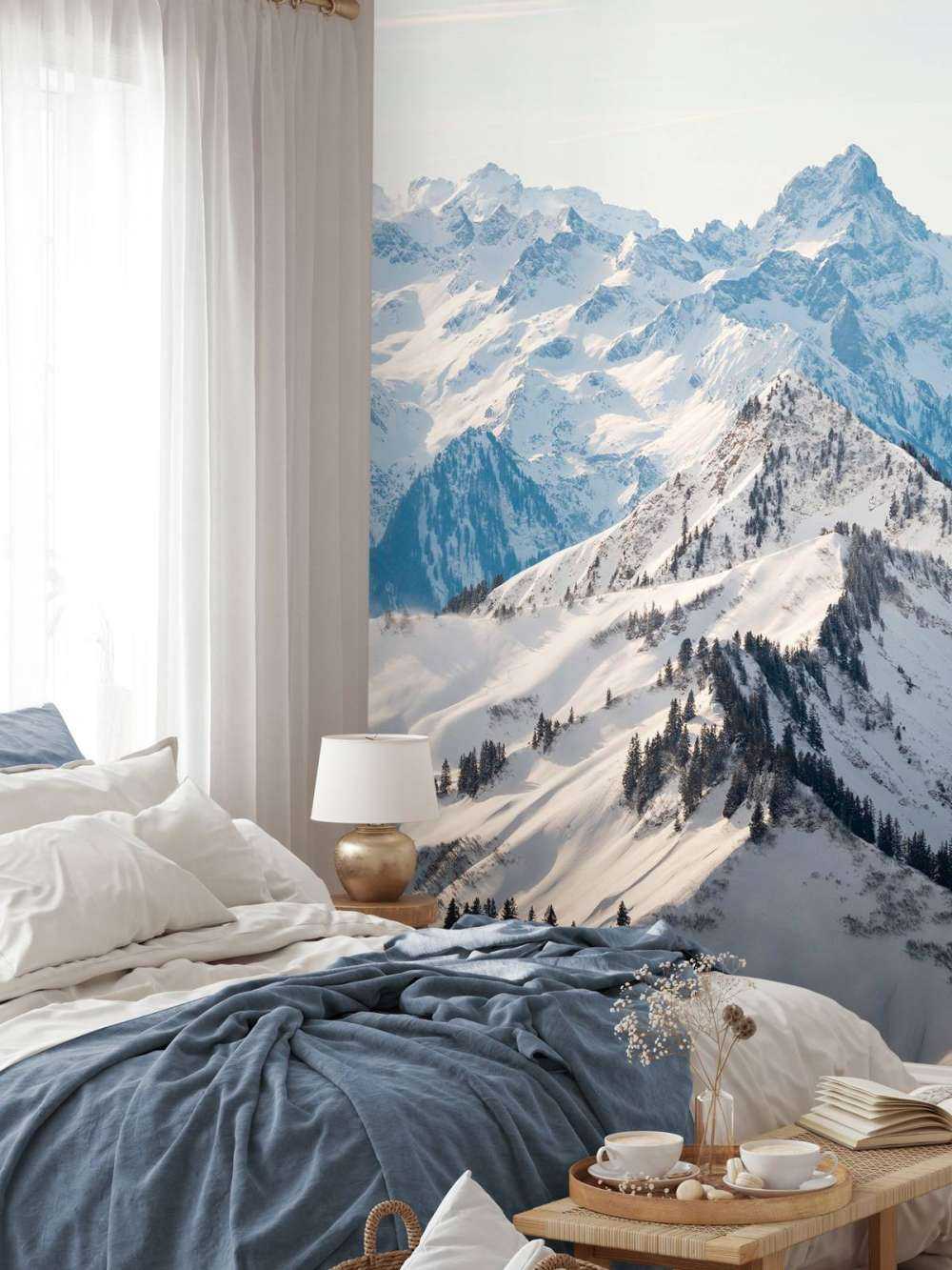 Winterkam avec des sommets alpins sous la lumière du soleil