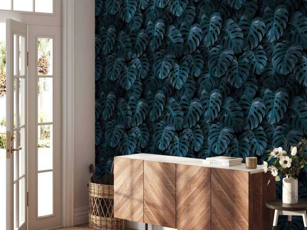 Feuilles de monstera tropicales bleu canard