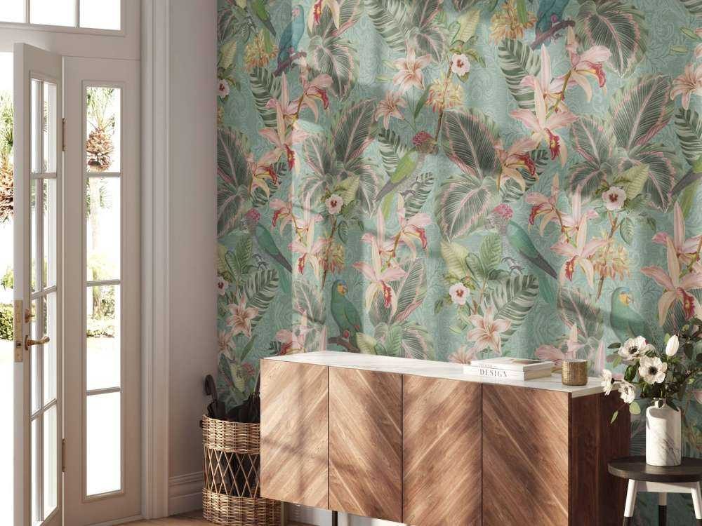 Oiseaux et perroquets de la jungle tropicale - vert menthe