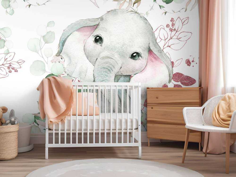Bébé éléphant feuillage menthe et rose