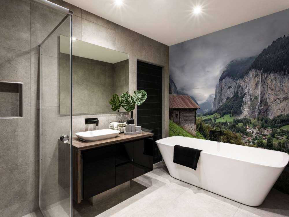 Vallée de montagne avec une cabane de montagne en bois