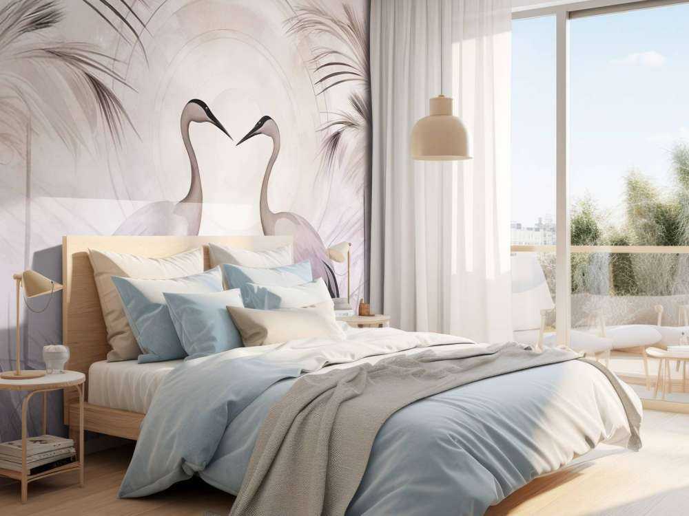 Grues au crépuscule gris