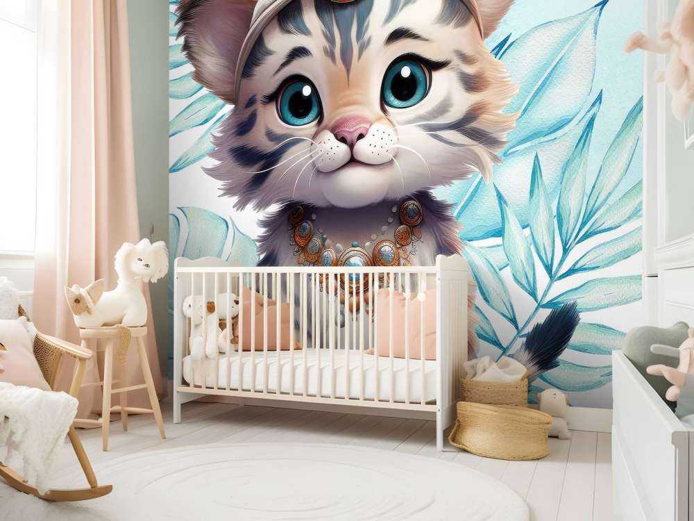Bébé tigre et feuille bleu