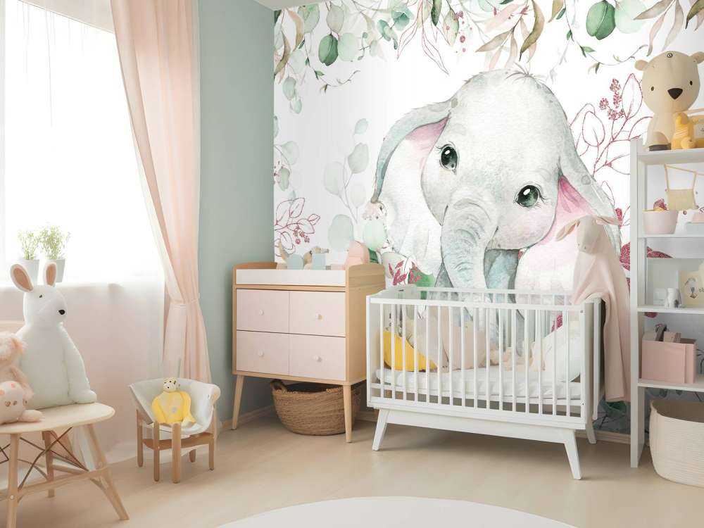 Bébé éléphant feuillage menthe et rose