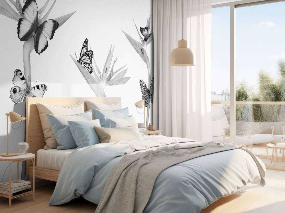 Papillons sur fleurs d'oiseaux de paradis