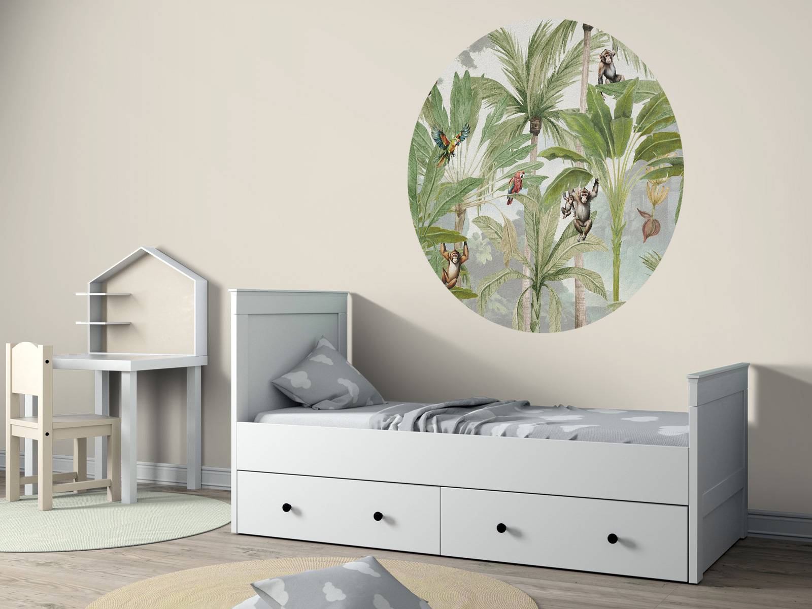 Jungle avec singes et perroquets en couleur