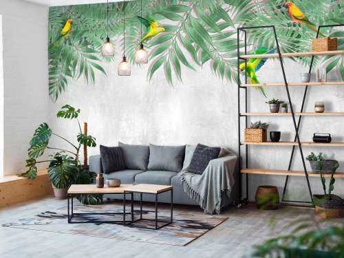 Feuilles tropicales et perruches