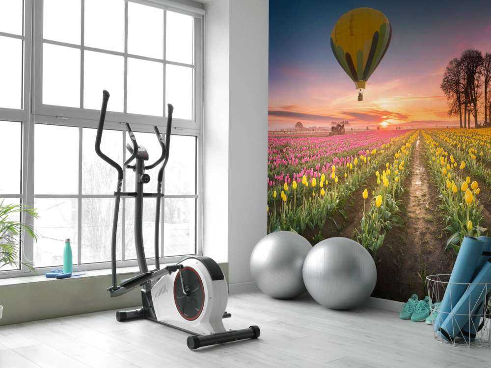 Champ de tulipes jaunes et roses