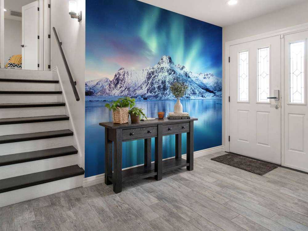 Des aurores boréales au-dessus d'un océan et de montagnes gelés