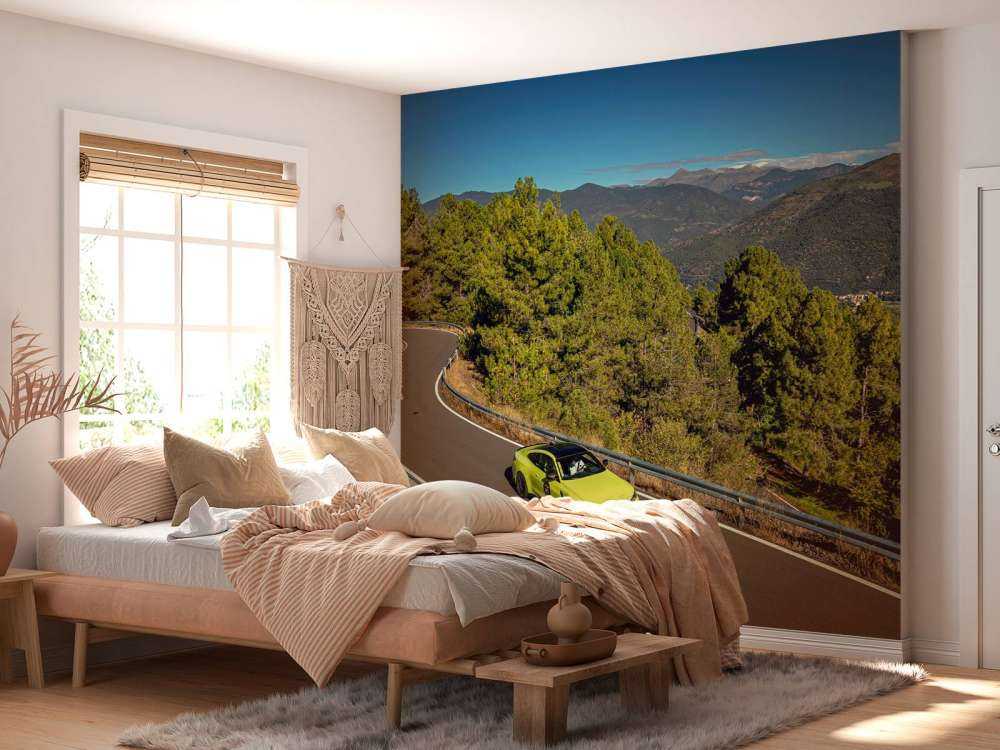 BMW vert lime sur route de montagne