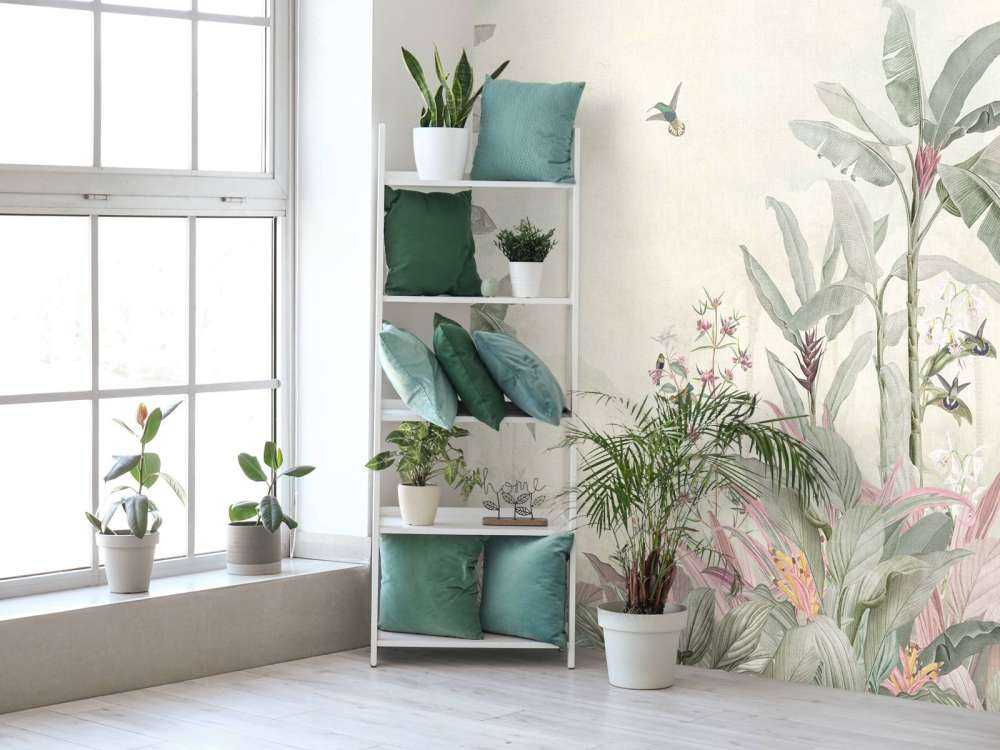 Colibris et feuilles tropicales