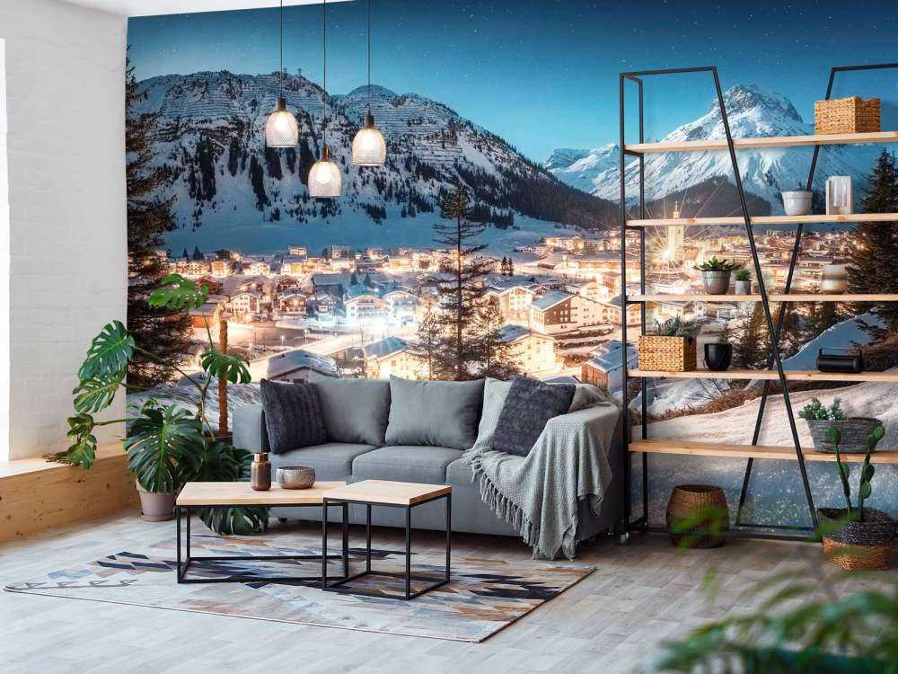 Village alpin scintillant sous un ciel étoilé