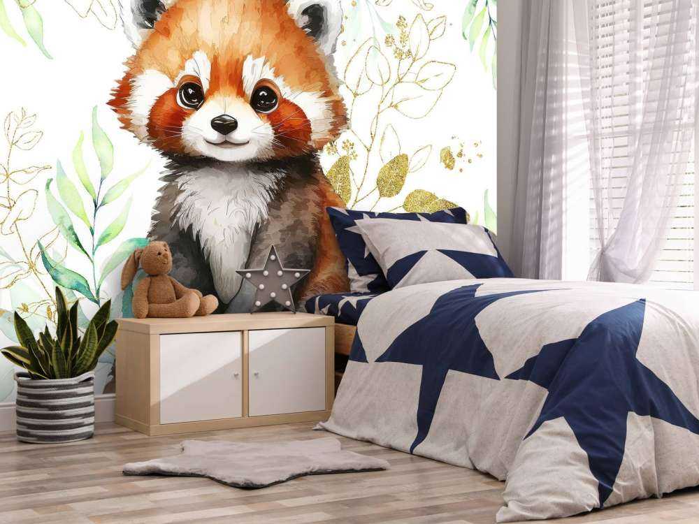 Panda rouge mignon et feuilles