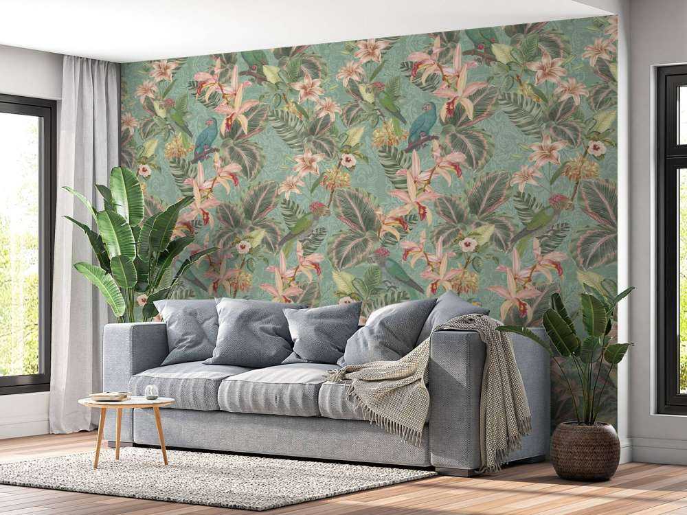 Oiseaux et perroquets de la jungle tropicale - vert menthe