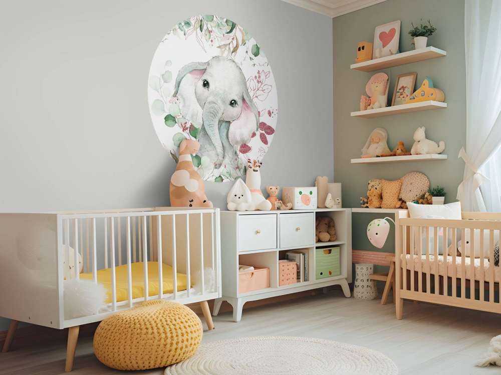 Bébé éléphant feuillage menthe et rose