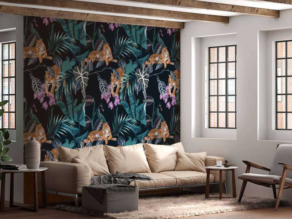 Tigres, feuilles et fleurs