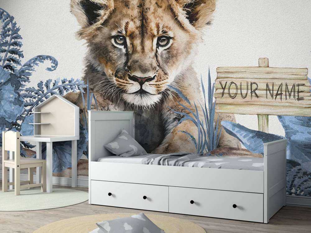 Bébé lion dans la jungle bleu