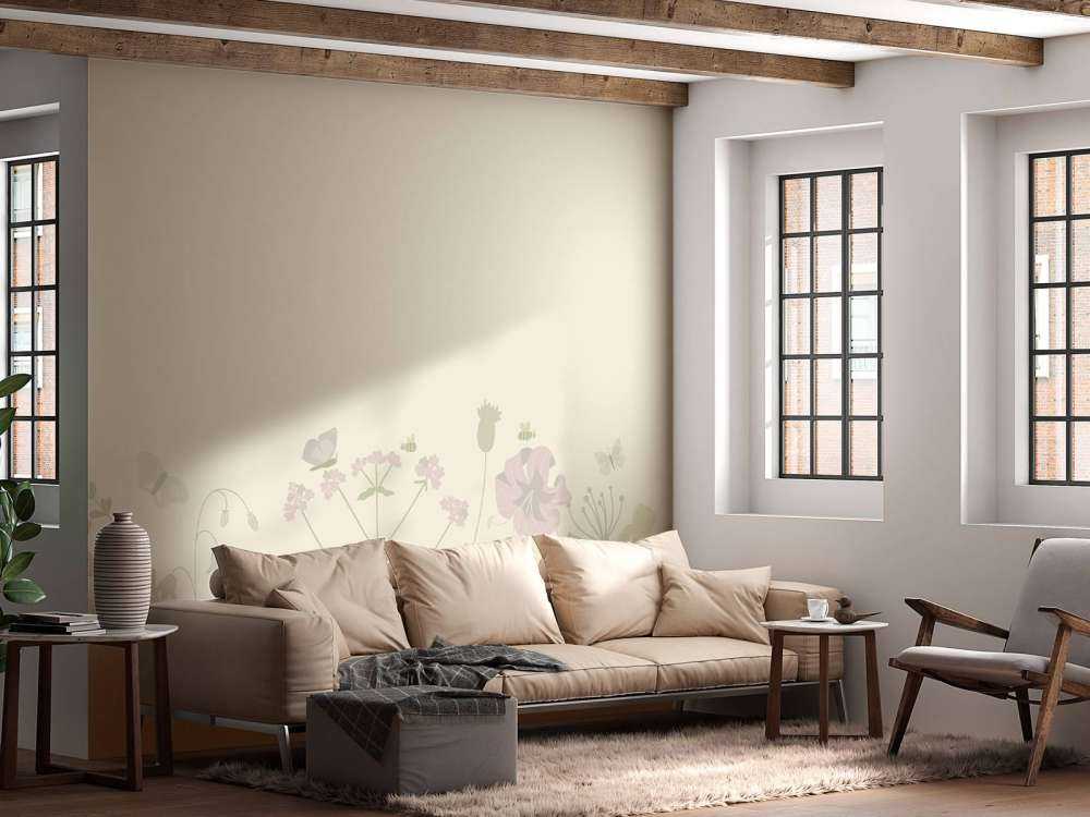 Champ de fleurs avec papillons beige et vieux rose