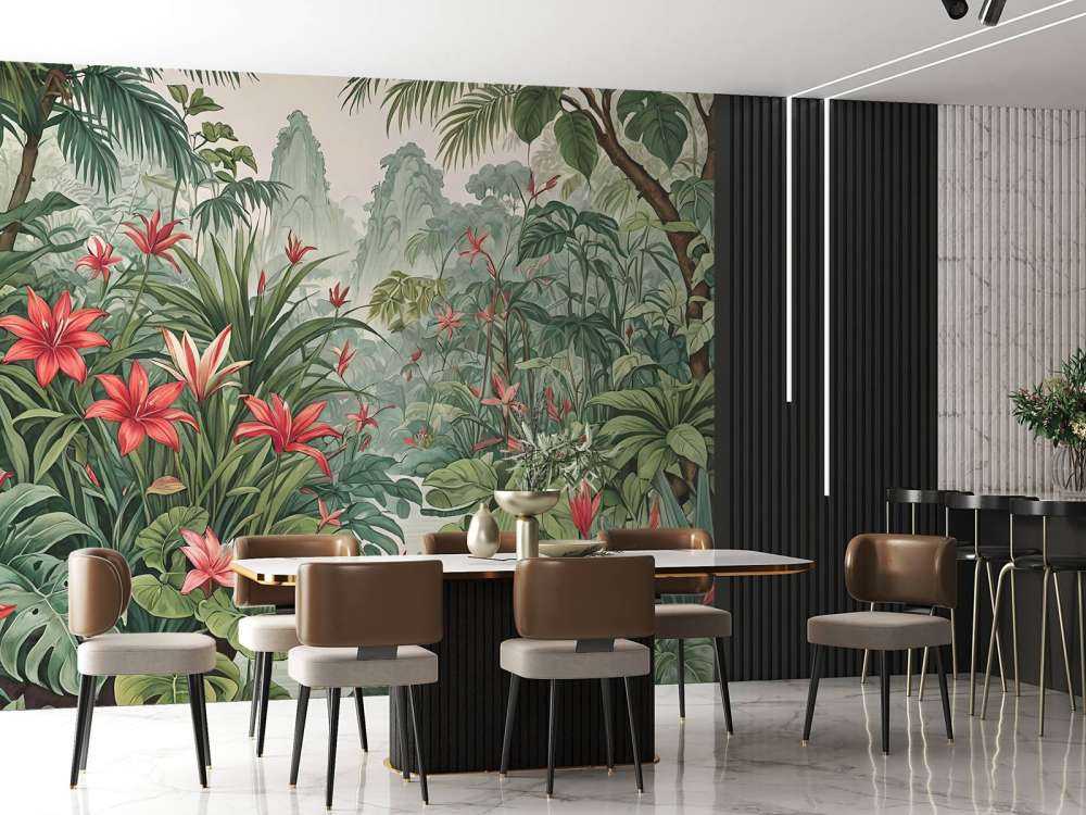 Forêt tropicale de lys dans la brume du matin