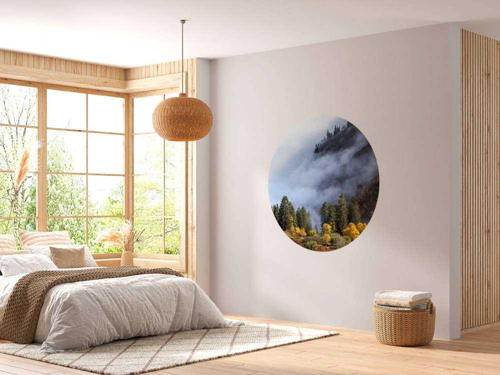 Matin d'automne dans la forêt de montagne brumeuse