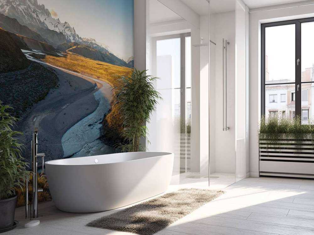 Paysage de montagne avec une rivière sinueuse dans la lumière du matin.