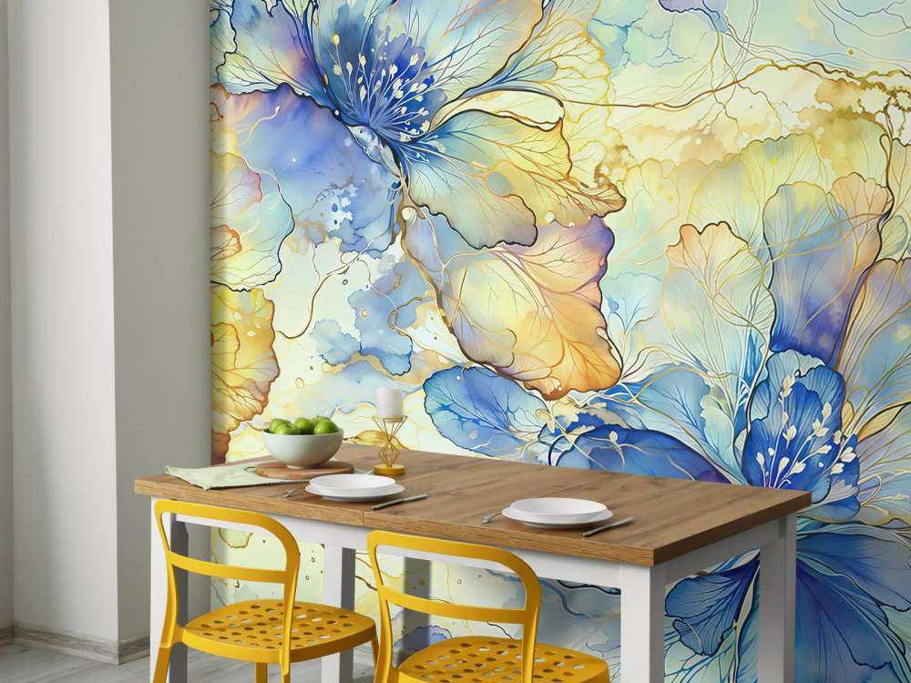 Fleurs en aquarelle en bleu et or