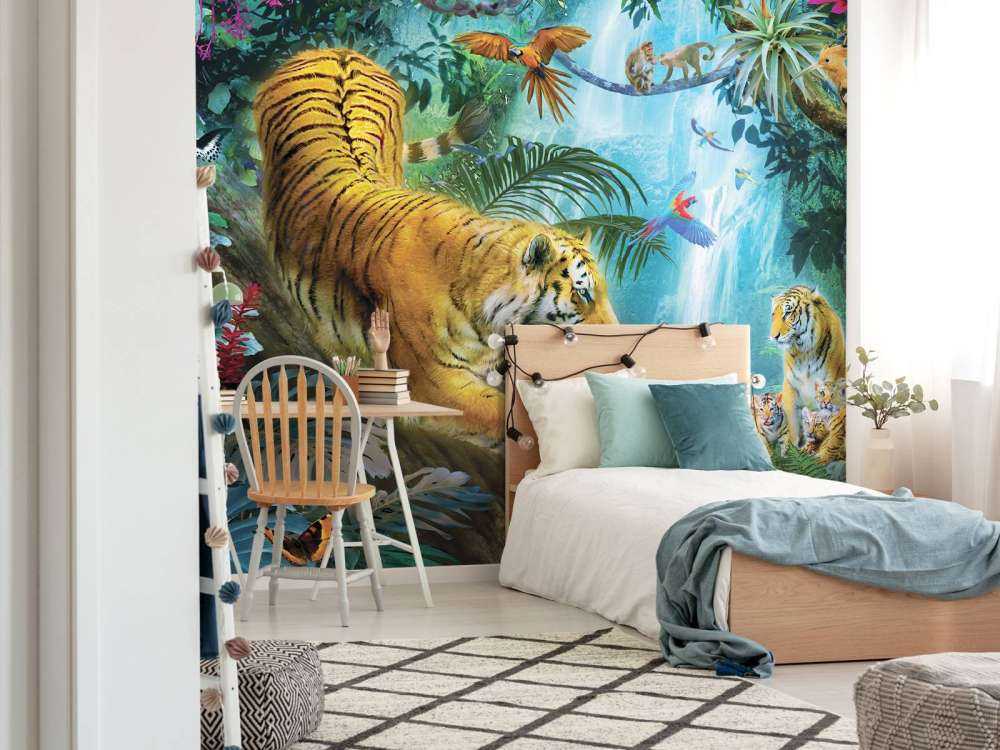 Tigers Near Waterfall