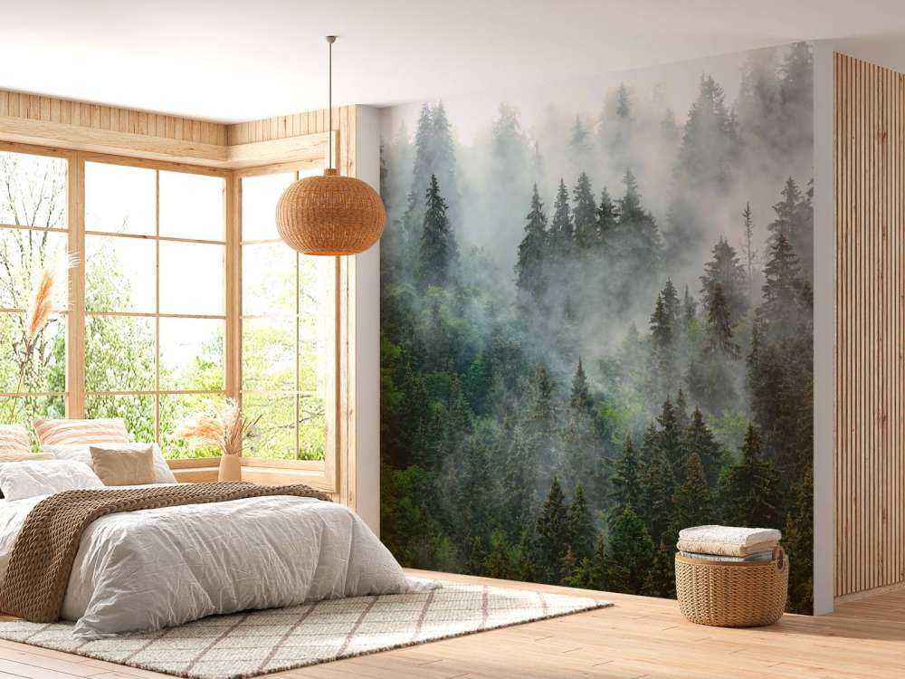 Paysage brumeux avec des arbres verts