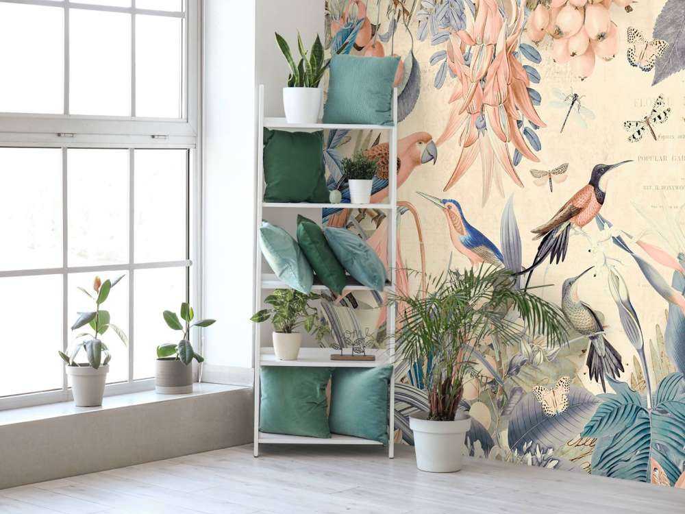 Perroquets tropicaux, jardin jungle pastel