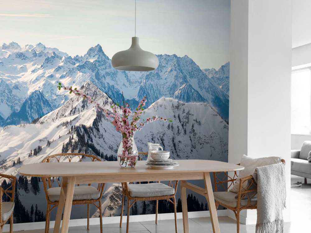 Chaîne de montagnes hivernales avec des crêtes de sapins enneigées