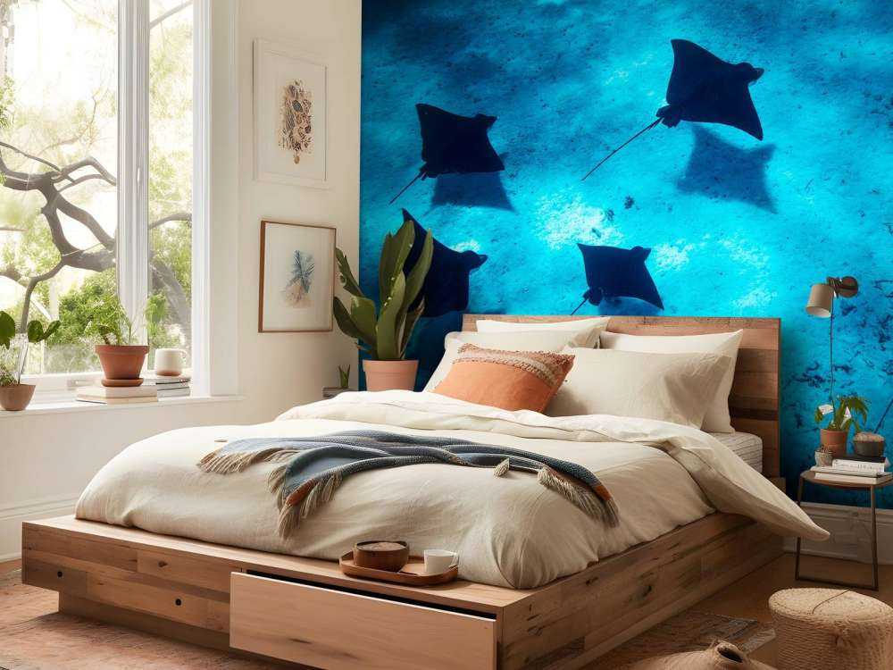 Les raies manta flottant à travers le récif bleu profond