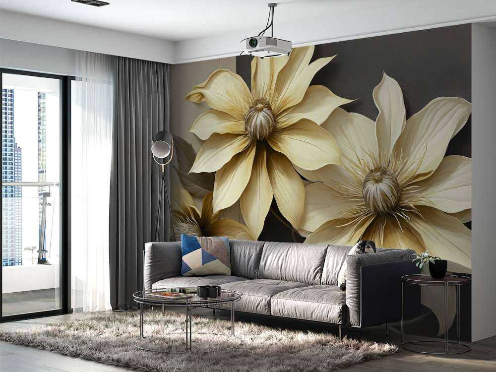 Fleurs de clématite dorées sur fond sombre