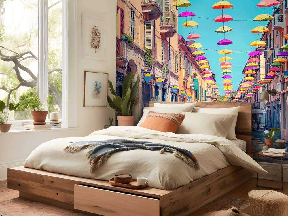 Des parasols joyeux au-dessus d'une rue ensoleillée.