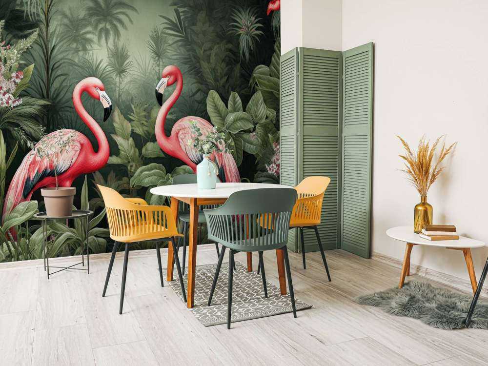 Oasis florale de flamants roses