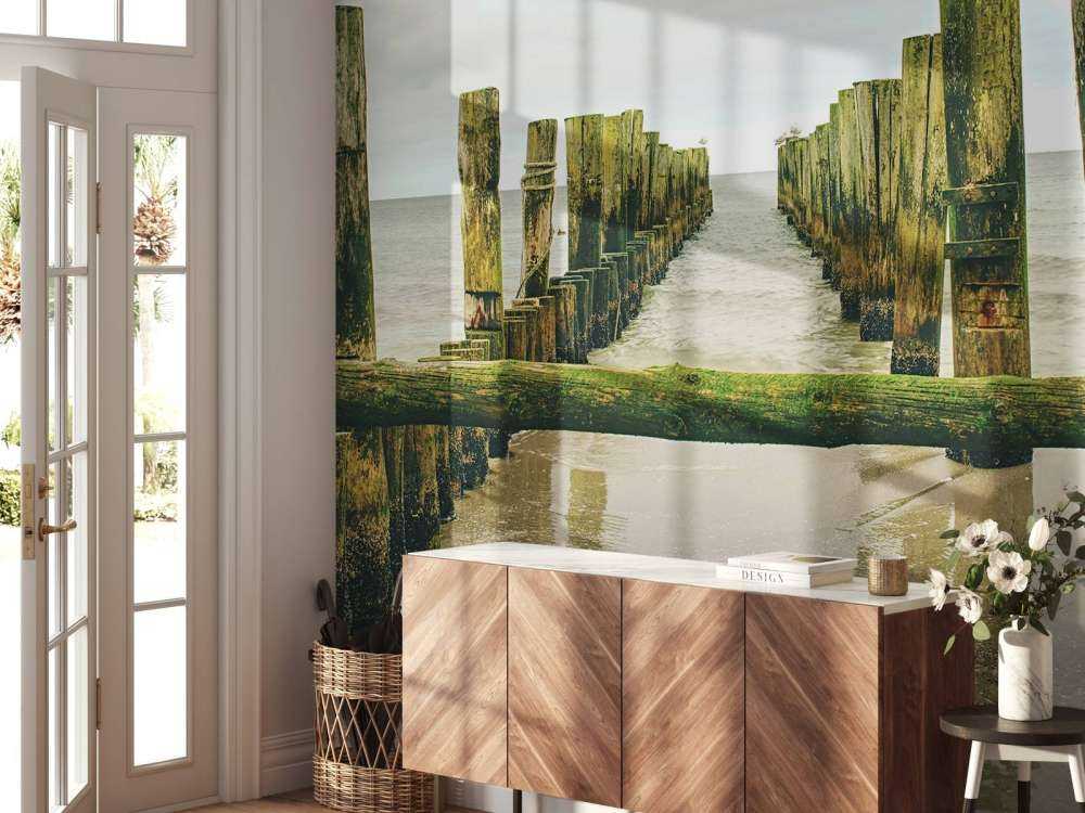 Des têtes de pieux moussues dans l'eau